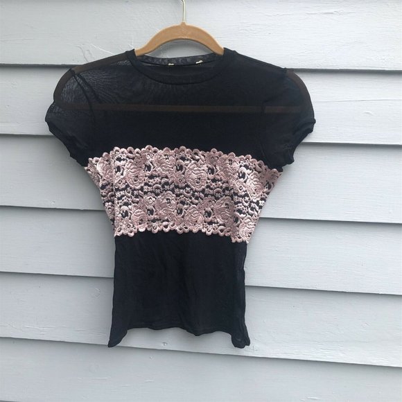 Vintage Black Sheer Mesh Camisole Wide Pink Lace Band Under Layer Garment - Picture 1 of 6